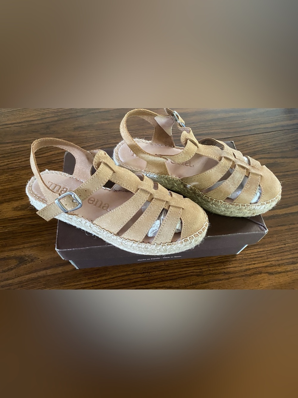 Macarena Spain Suede Caged Espadrille Sandals Tan Beige 38 US 7.5 8 Box